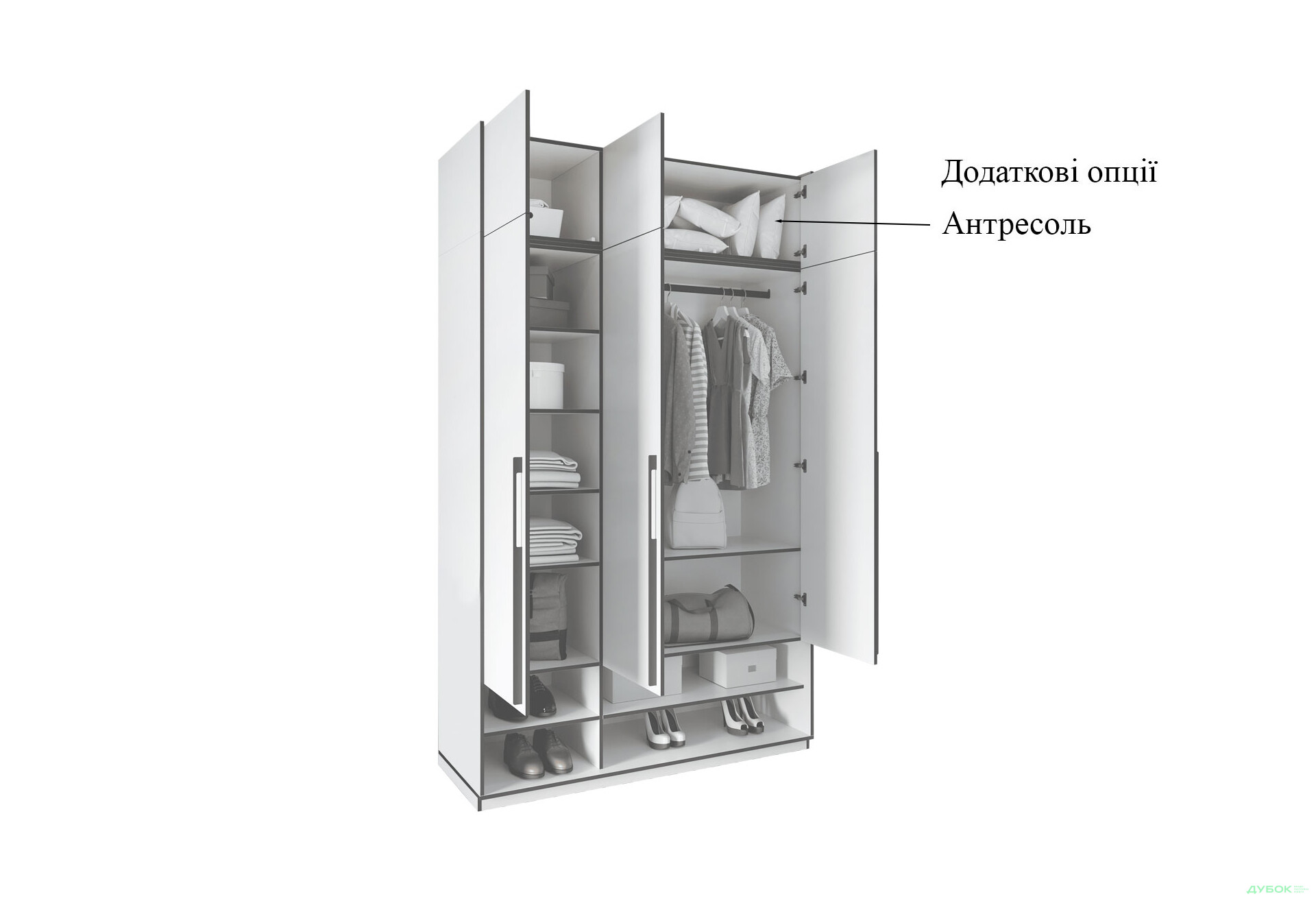 Шафа Moreli Ramo / Рамо R-0006 3-дверна зі штангою та полицями 148,4 см, бетон - Зображення 5 Зображення 5 - Шафа Moreli Ramo / Рамо R-0006 3-дверна зі штангою та полицями 148,4 см, бетон
