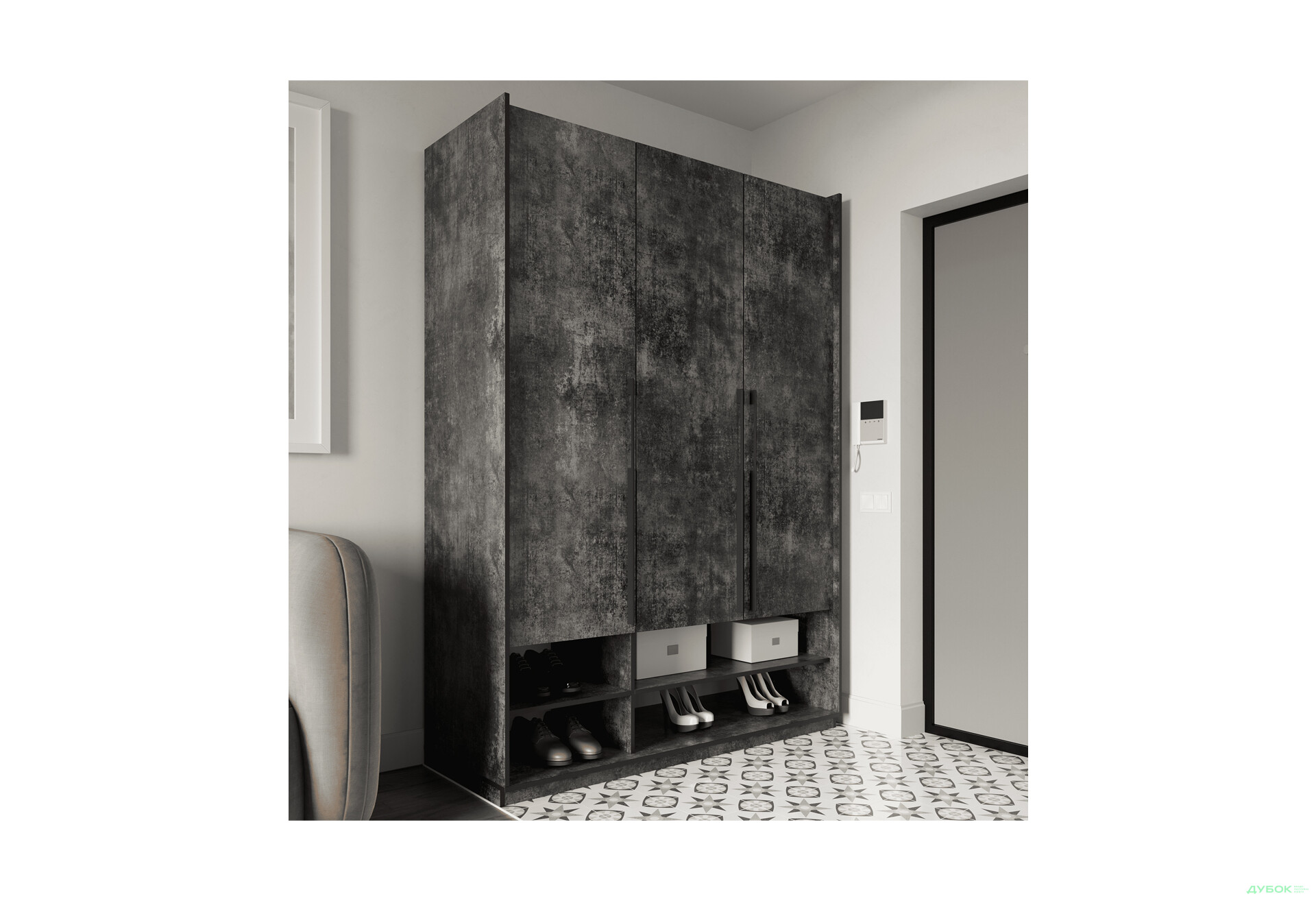 Шафа Moreli Ramo / Рамо R-0006 3-дверна зі штангою та полицями 148,4 см, бетон темний - Зображення 2 Зображення 2 - Шафа Moreli Ramo / Рамо R-0006 3-дверна зі штангою та полицями 148,4 см, бетон темний