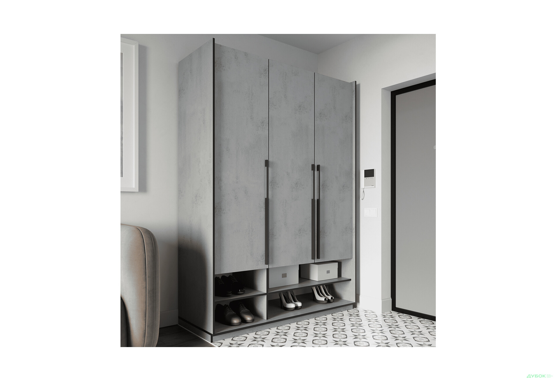 Шафа Moreli Ramo / Рамо R-0006 3-дверна зі штангою та полицями 148,4 см, бетон тефра - Зображення 2 Зображення 2 - Шафа Moreli Ramo / Рамо R-0006 3-дверна зі штангою та полицями 148,4 см, бетон тефра