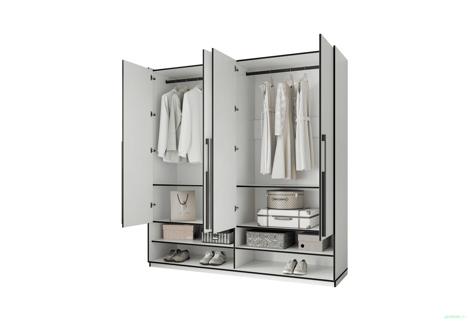 Шафа Moreli Ramo / Рамо R-0008 4-дверна зі штангами та полицями 196,8 см, біла - Зображення 5 Зображення 5 - Шафа Moreli Ramo / Рамо R-0008 4-дверна зі штангами та полицями 196,8 см, біла