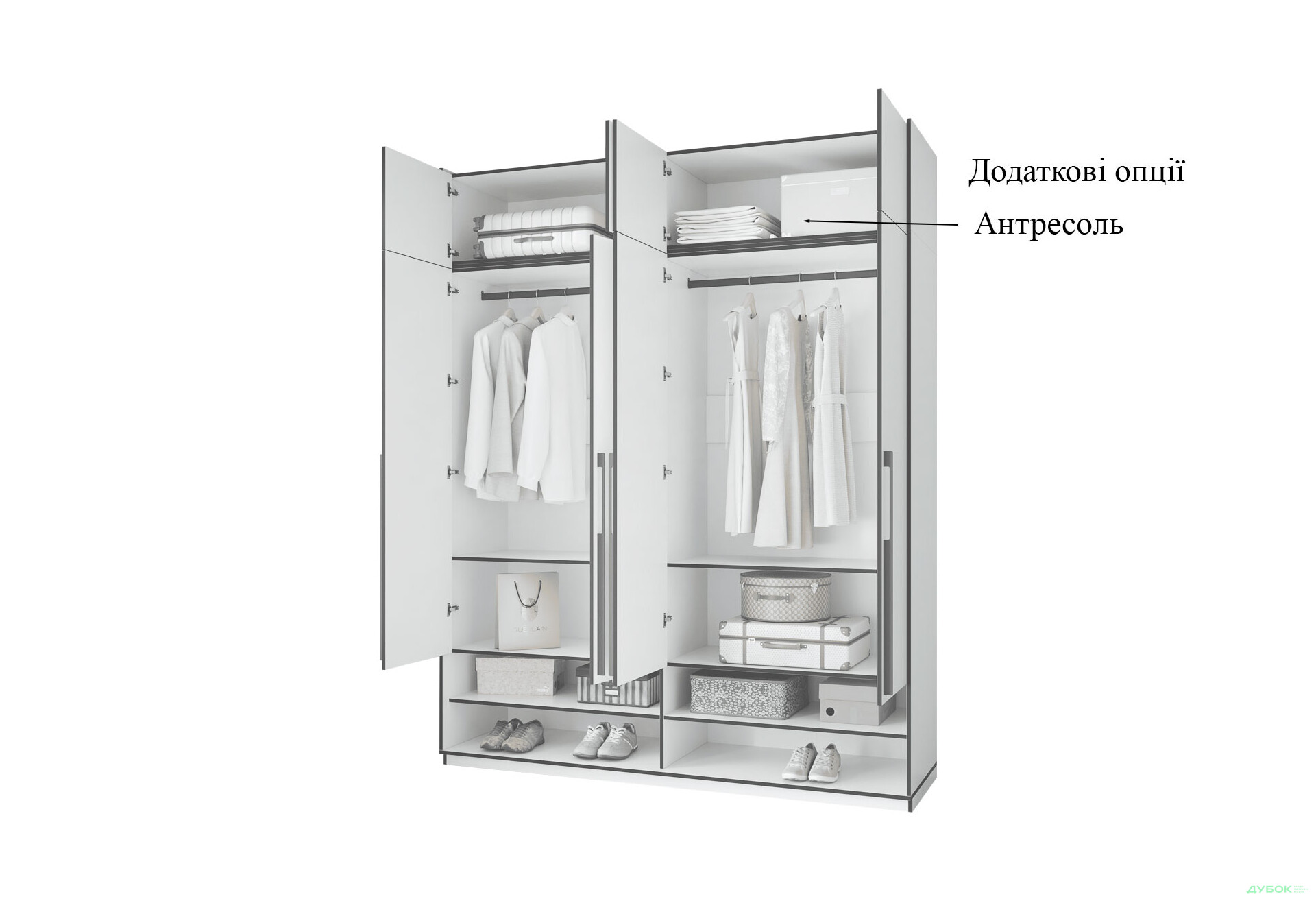 Шафа Moreli Ramo / Рамо R-0008 4-дверна зі штангами та полицями 196,8 см, венге - Зображення 5 Зображення 5 - Шафа Moreli Ramo / Рамо R-0008 4-дверна зі штангами та полицями 196,8 см, венге