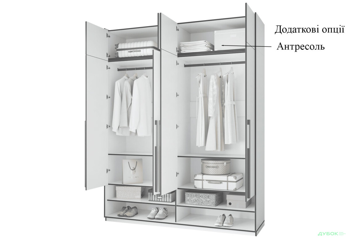 Шафа Moreli Ramo / Рамо R-0008 4-дверна зі штангами та полицями 196,8 см, венге - Зображення 5 Зображення 5 - Шафа Moreli Ramo / Рамо R-0008 4-дверна зі штангами та полицями 196,8 см, венге