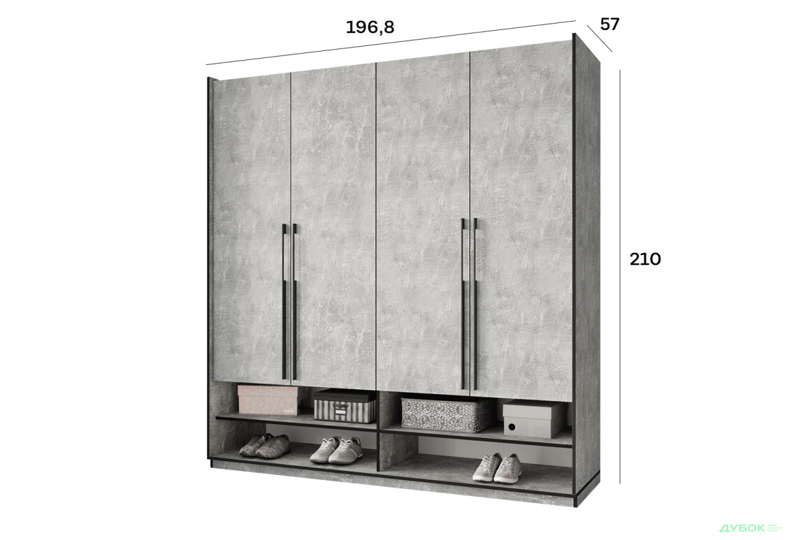 Шкаф Moreli Ramo / Рамо R-0008 4-дверный со штангами и полками 196,8 см, бетон - Изображение 3 Изображение 3 - Шкаф Moreli Ramo / Рамо R-0008 4-дверный со штангами и полками 196,8 см, бетон