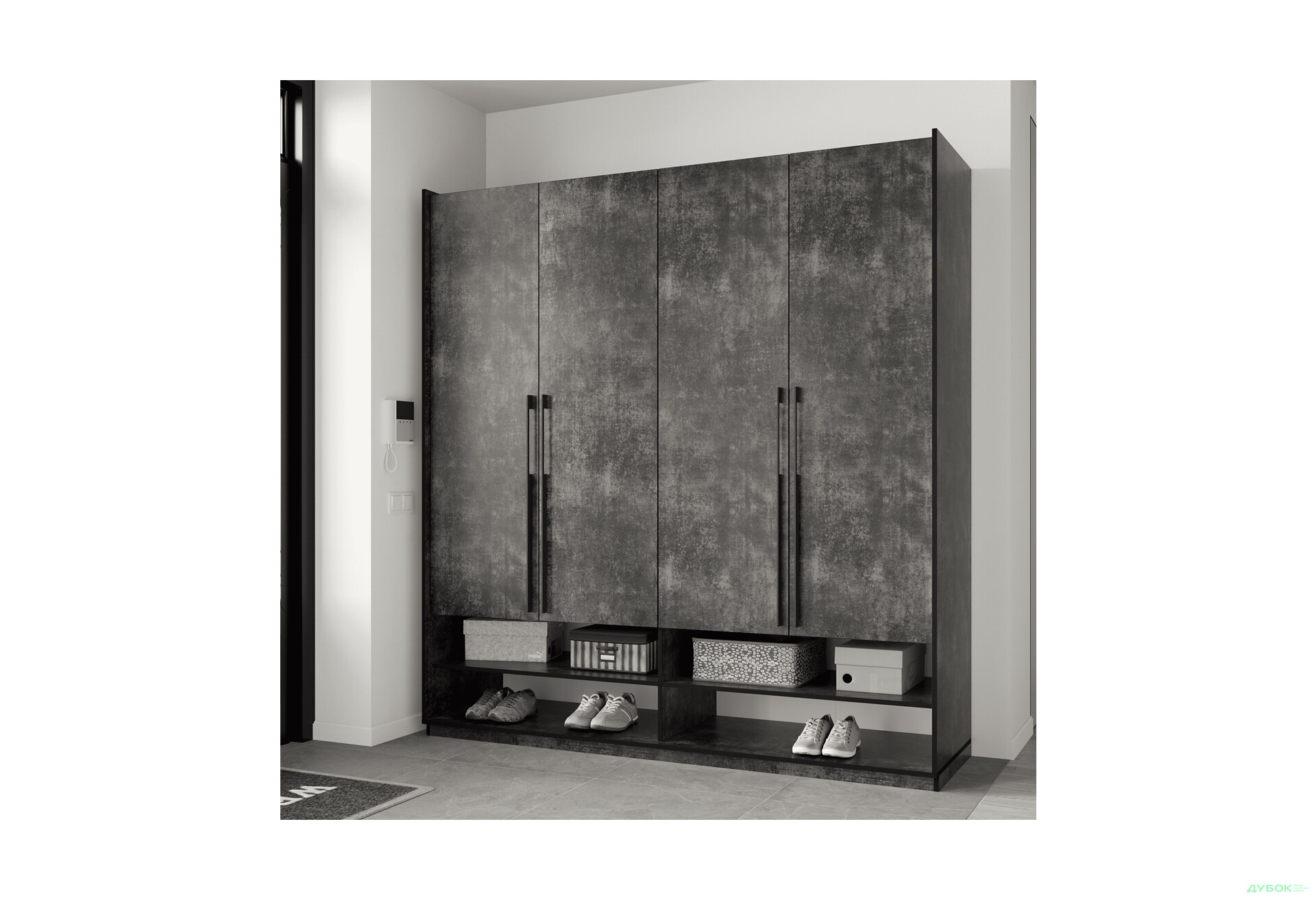 Шкаф Moreli Ramo / Рамо R-0008 4-дверный со штангами и полками 196,8 см, бетон тёмный - Изображение 2 Изображение 2 - Шкаф Moreli Ramo / Рамо R-0008 4-дверный со штангами и полками 196,8 см, бетон тёмный