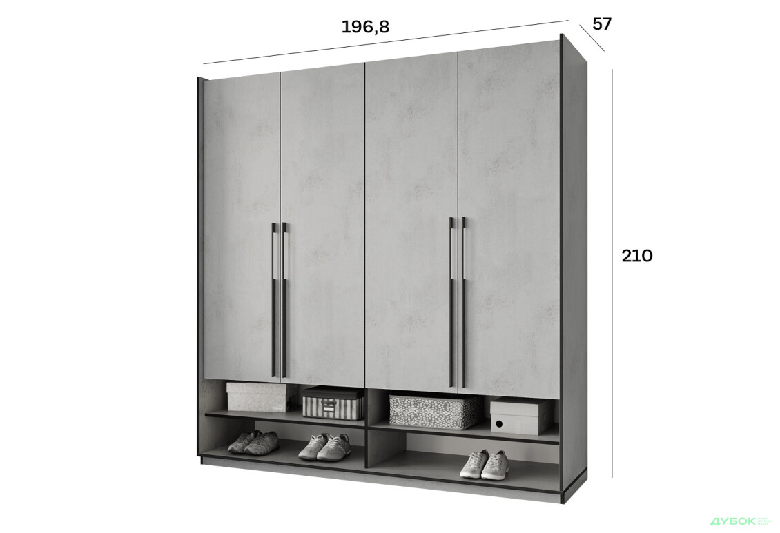 Шкаф Moreli Ramo / Рамо R-0008 4-дверный со штангами и полками 196,8 см, бетон тефра - Изображение 3 Изображение 3 - Шкаф Moreli Ramo / Рамо R-0008 4-дверный со штангами и полками 196,8 см, бетон тефра