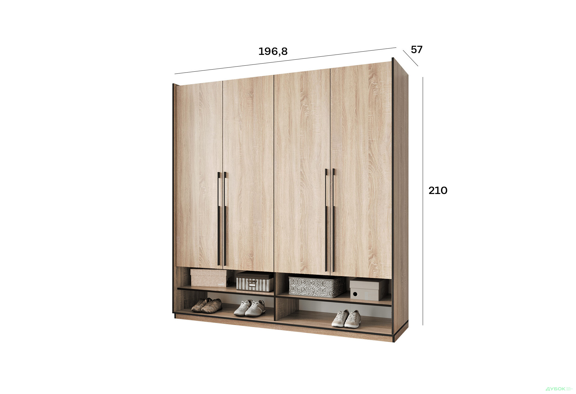 Шкаф Moreli Ramo / Рамо R-0007 4-дверный с полками 196,8 см, дуб сонома - Изображение 3 Изображение 3 - Шкаф Moreli Ramo / Рамо R-0007 4-дверный с полками 196,8 см, дуб сонома