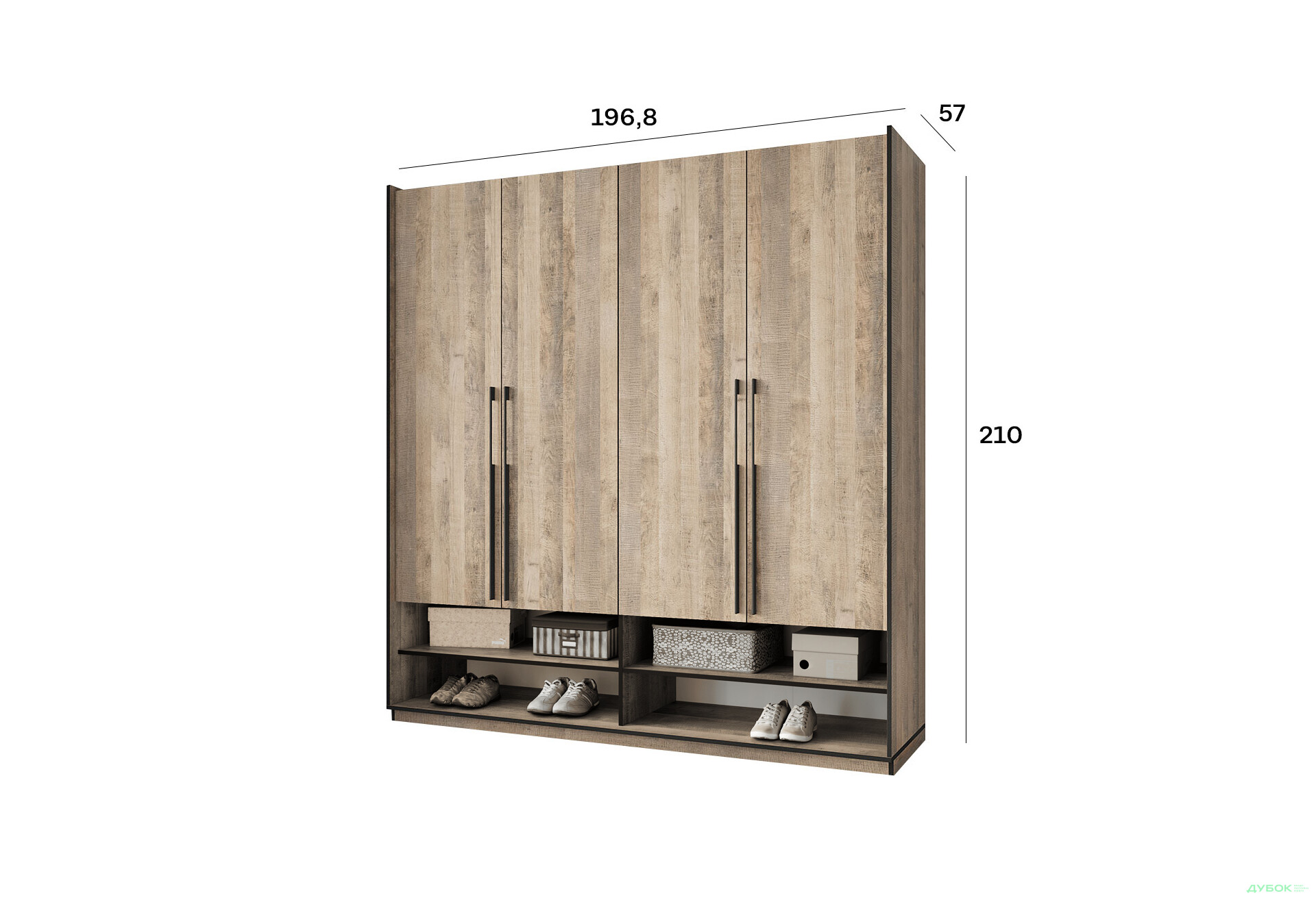 Шафа Moreli Ramo / Рамо R-0007 4-дверна з полицями 196,8 см, дуб гранж пісочний - Зображення 3 Зображення 3 - Шафа Moreli Ramo / Рамо R-0007 4-дверна з полицями 196,8 см, дуб гранж пісочний
