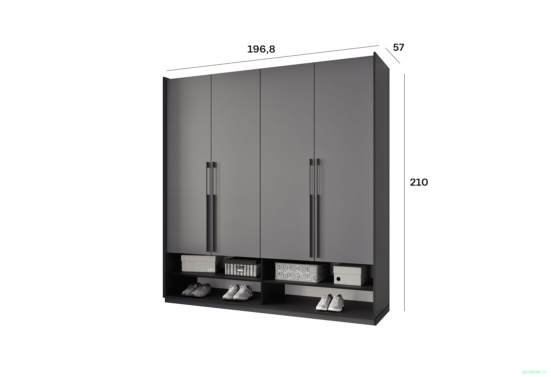 Шкаф Moreli Ramo / Рамо R-0009 4-дверный со штангой слева и полками 196,8 см, антрацит - Изображение 3 Изображение 3 - Шкаф Moreli Ramo / Рамо R-0009 4-дверный со штангой слева и полками 196,8 см, антрацит