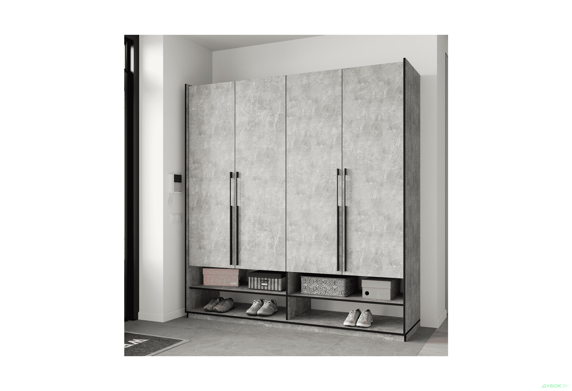 Шафа Moreli Ramo / Рамо R-0009 4-дверна зі штангою зліва та полицями 196,8 см, бетон - Зображення 2 Зображення 2 - Шафа Moreli Ramo / Рамо R-0009 4-дверна зі штангою зліва та полицями 196,8 см, бетон