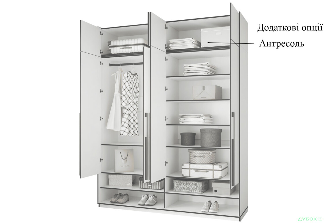 Шафа Moreli Ramo / Рамо R-0009 4-дверна зі штангою зліва та полицями 196,8 см, бетон темний - Зображення 6 Зображення 6 - Шафа Moreli Ramo / Рамо R-0009 4-дверна зі штангою зліва та полицями 196,8 см, бетон темний