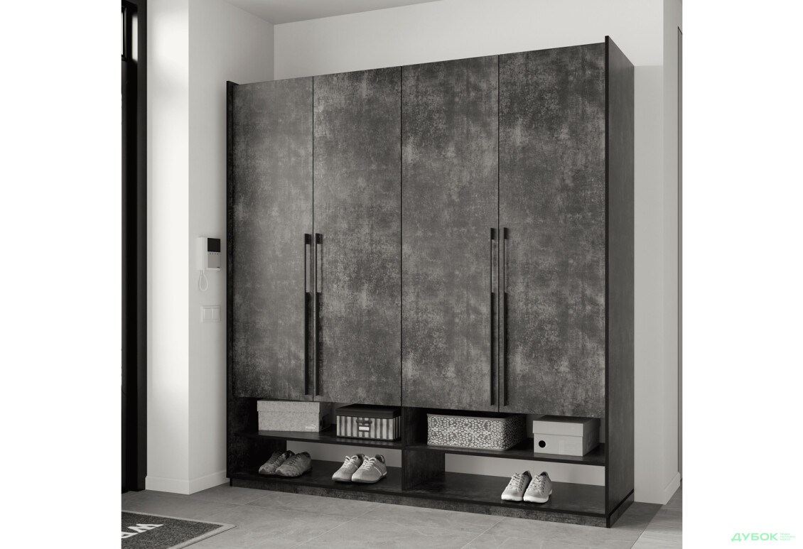 Шафа Moreli Ramo / Рамо R-0009 4-дверна зі штангою зліва та полицями 196,8 см, бетон темний - Зображення 2 Зображення 2 - Шафа Moreli Ramo / Рамо R-0009 4-дверна зі штангою зліва та полицями 196,8 см, бетон темний