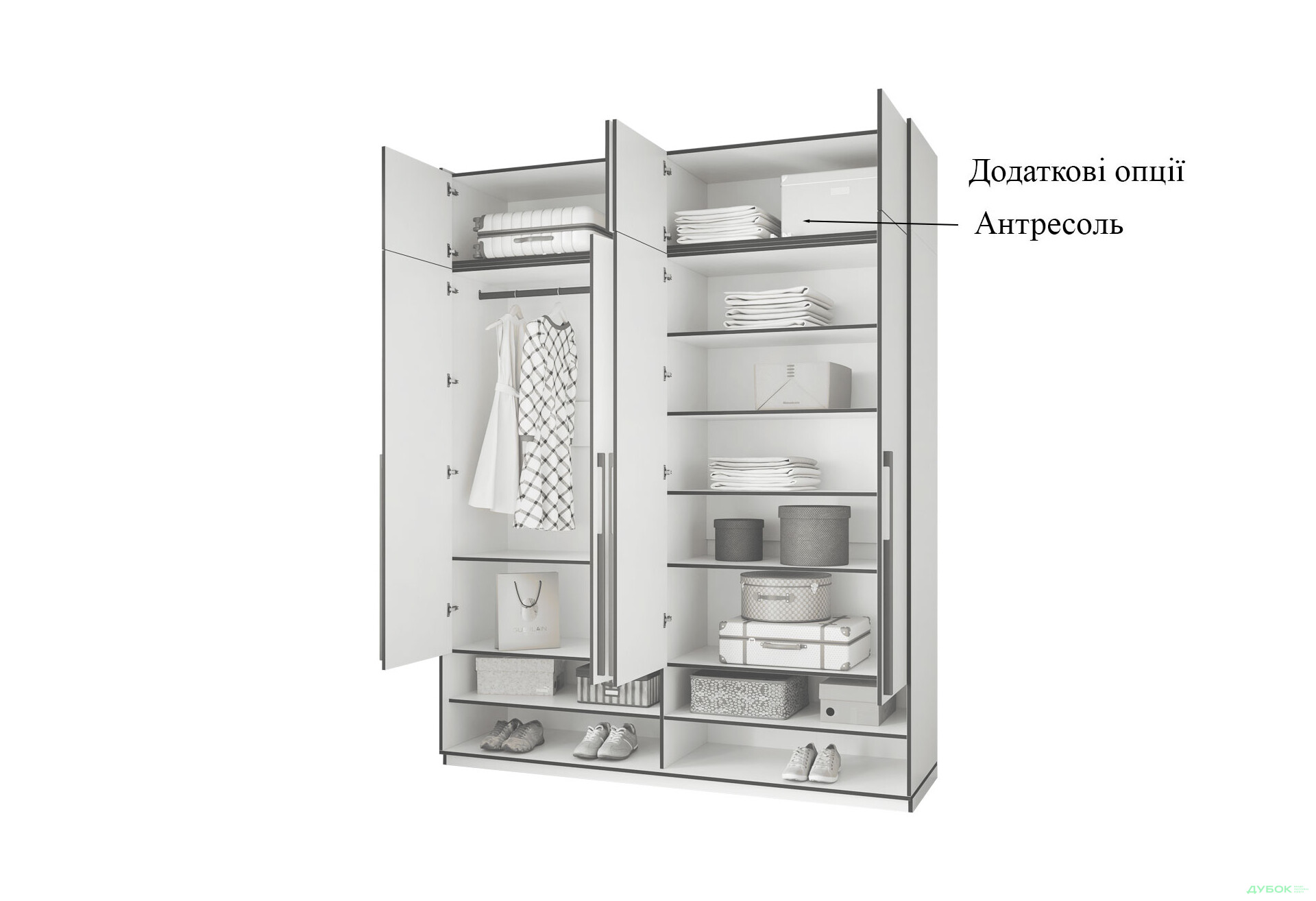 Шафа Moreli Ramo / Рамо R-0009 4-дверна зі штангою зліва та полицями 196,8 см, бетон тефра - Зображення 6 Зображення 6 - Шафа Moreli Ramo / Рамо R-0009 4-дверна зі штангою зліва та полицями 196,8 см, бетон тефра