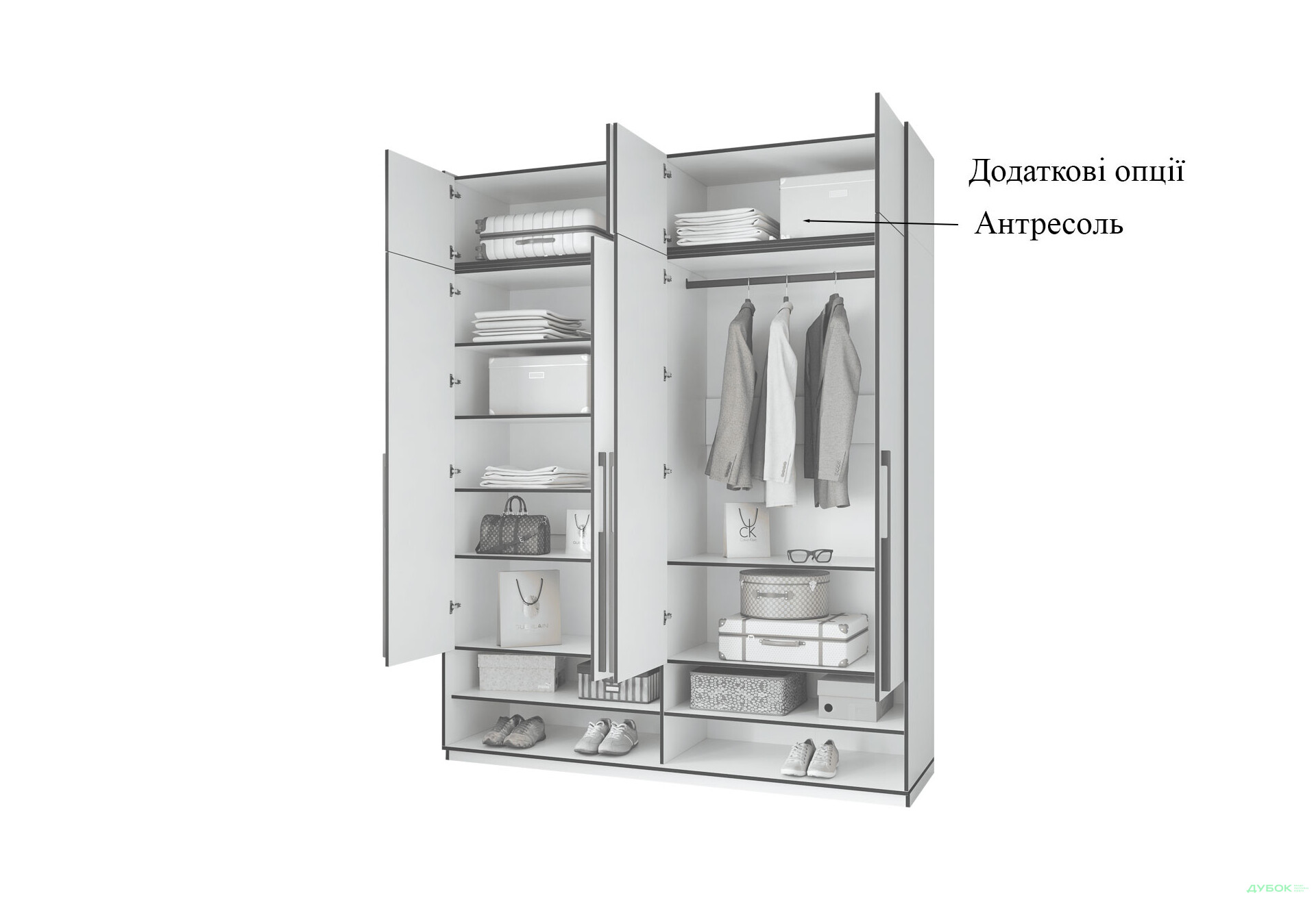 Шкаф Moreli Ramo / Рамо R-0010 4-дверный со штангой справа и полками 196,8 см, венге - Изображение 6 Изображение 6 - Шкаф Moreli Ramo / Рамо R-0010 4-дверный со штангой справа и полками 196,8 см, венге
