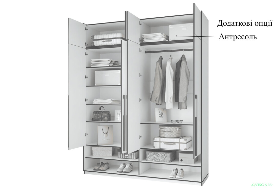 Шафа Moreli Ramo / Рамо R-0010 4-дверна зі штангою справа та полицями 196,8 см, дуб аппалачі - Зображення 6 Зображення 6 - Шафа Moreli Ramo / Рамо R-0010 4-дверна зі штангою справа та полицями 196,8 см, дуб аппалачі