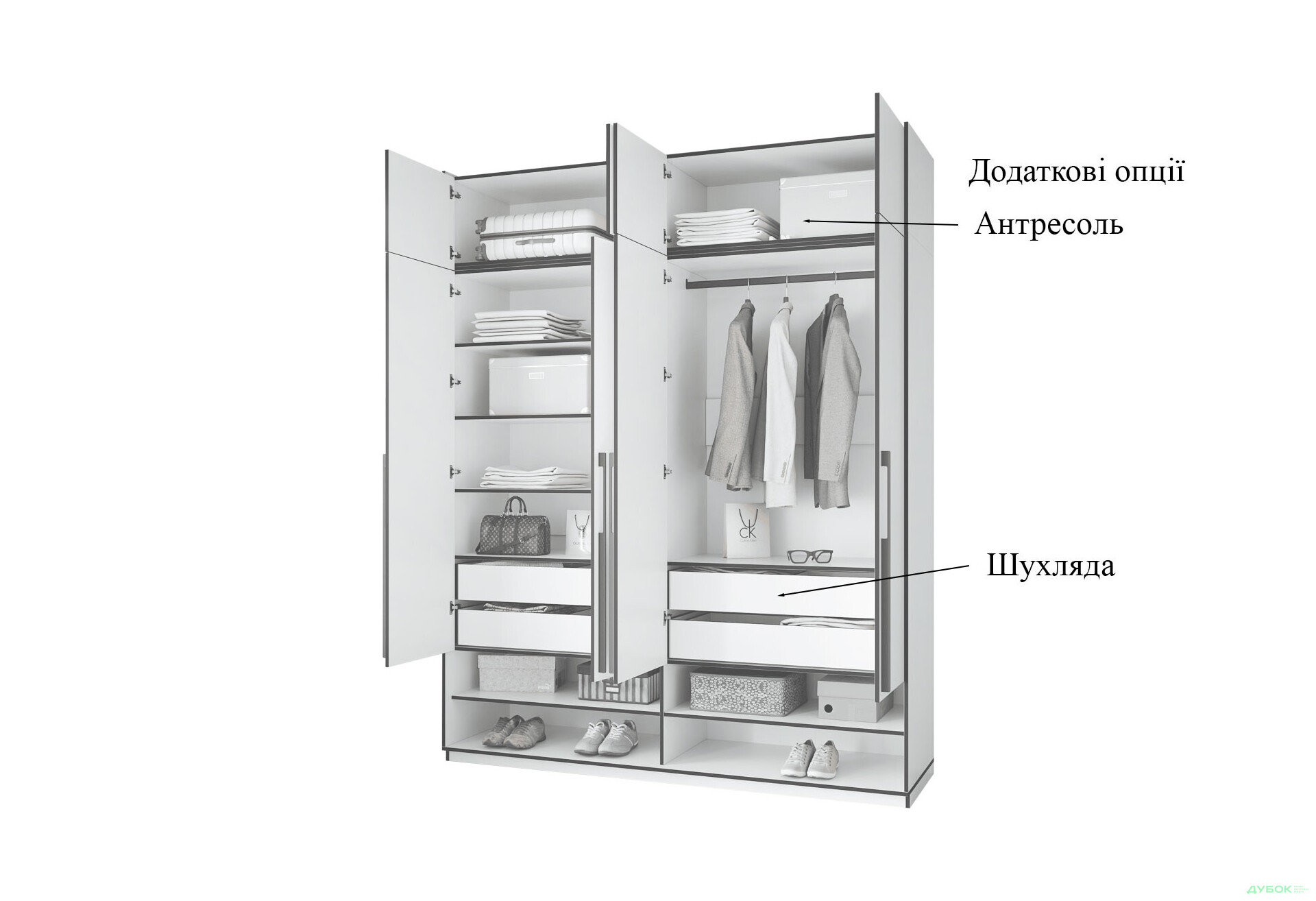 Шафа Moreli Ramo / Рамо R-0010 4-дверна зі штангою справа та полицями 196,8 см, дуб сонома - Зображення 7 Зображення 7 - Шафа Moreli Ramo / Рамо R-0010 4-дверна зі штангою справа та полицями 196,8 см, дуб сонома