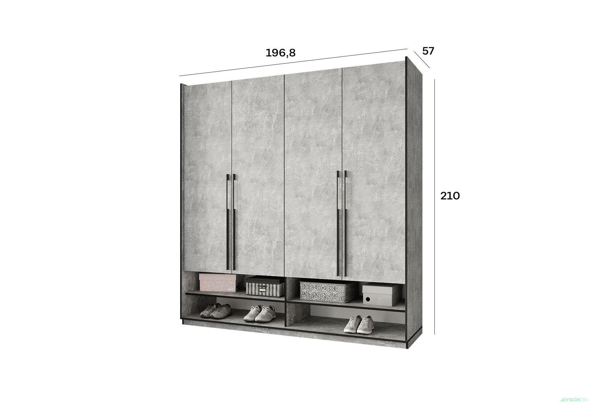 Шафа Moreli Ramo / Рамо R-0010 4-дверна зі штангою справа та полицями 196,8 см, бетон - Зображення 3 Зображення 3 - Шафа Moreli Ramo / Рамо R-0010 4-дверна зі штангою справа та полицями 196,8 см, бетон