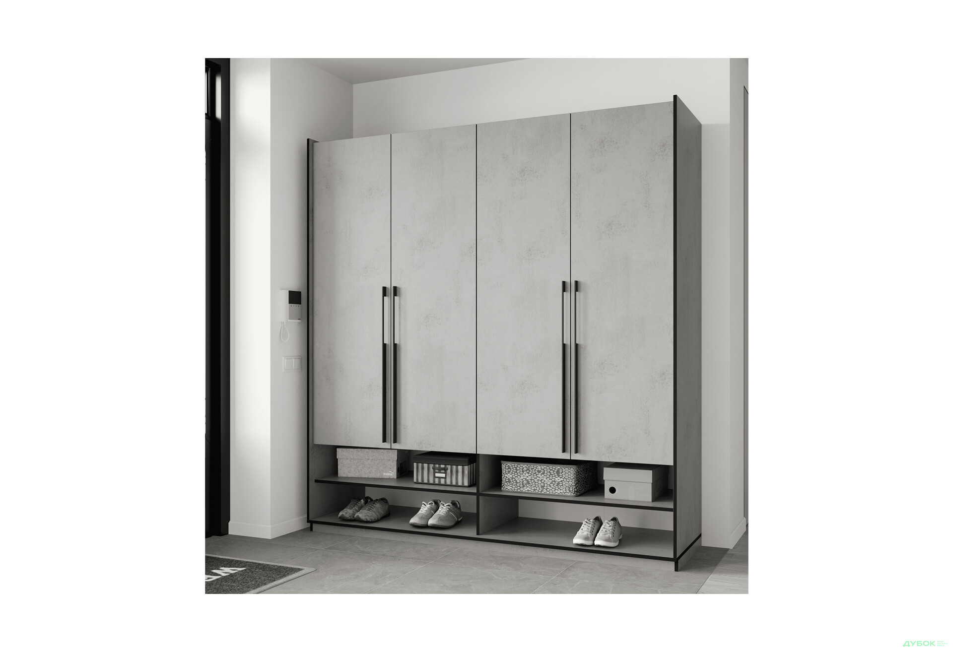 Шкаф Moreli Ramo / Рамо R-0010 4-дверный со штангой справа и полками 196,8 см, бетон тефра - Изображение 2 Изображение 2 - Шкаф Moreli Ramo / Рамо R-0010 4-дверный со штангой справа и полками 196,8 см, бетон тефра