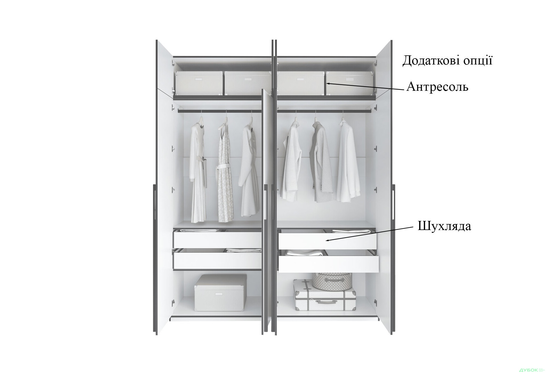 Шкаф Moreli Ramo / Рамо R-0018 4-дверный со штангами и полками 196,8 см, антрацит - Изображение 7 Изображение 7 - Шкаф Moreli Ramo / Рамо R-0018 4-дверный со штангами и полками 196,8 см, антрацит