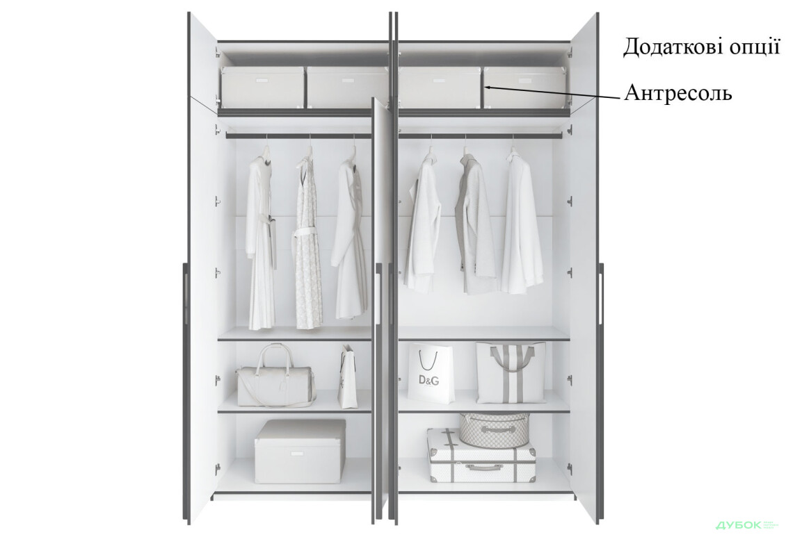 Шафа Moreli Ramo / Рамо R-0018 4-дверна зі штангами і полицями 196,8 см, зелений димчастий - Зображення 6 Зображення 6 - Шафа Moreli Ramo / Рамо R-0018 4-дверна зі штангами і полицями 196,8 см, зелений димчастий
