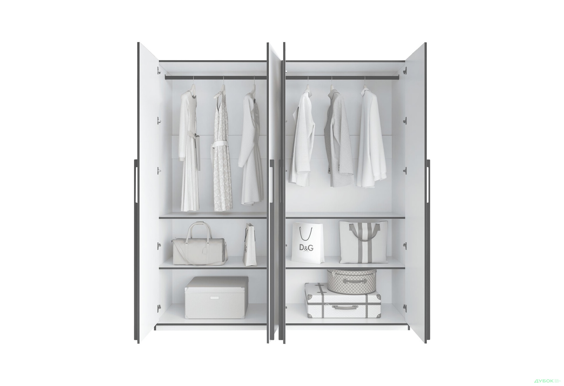 Шафа Moreli Ramo / Рамо R-0018 4-дверна зі штангами і полицями 196,8 см, зелений димчастий - Зображення 4 Зображення 4 - Шафа Moreli Ramo / Рамо R-0018 4-дверна зі штангами і полицями 196,8 см, зелений димчастий