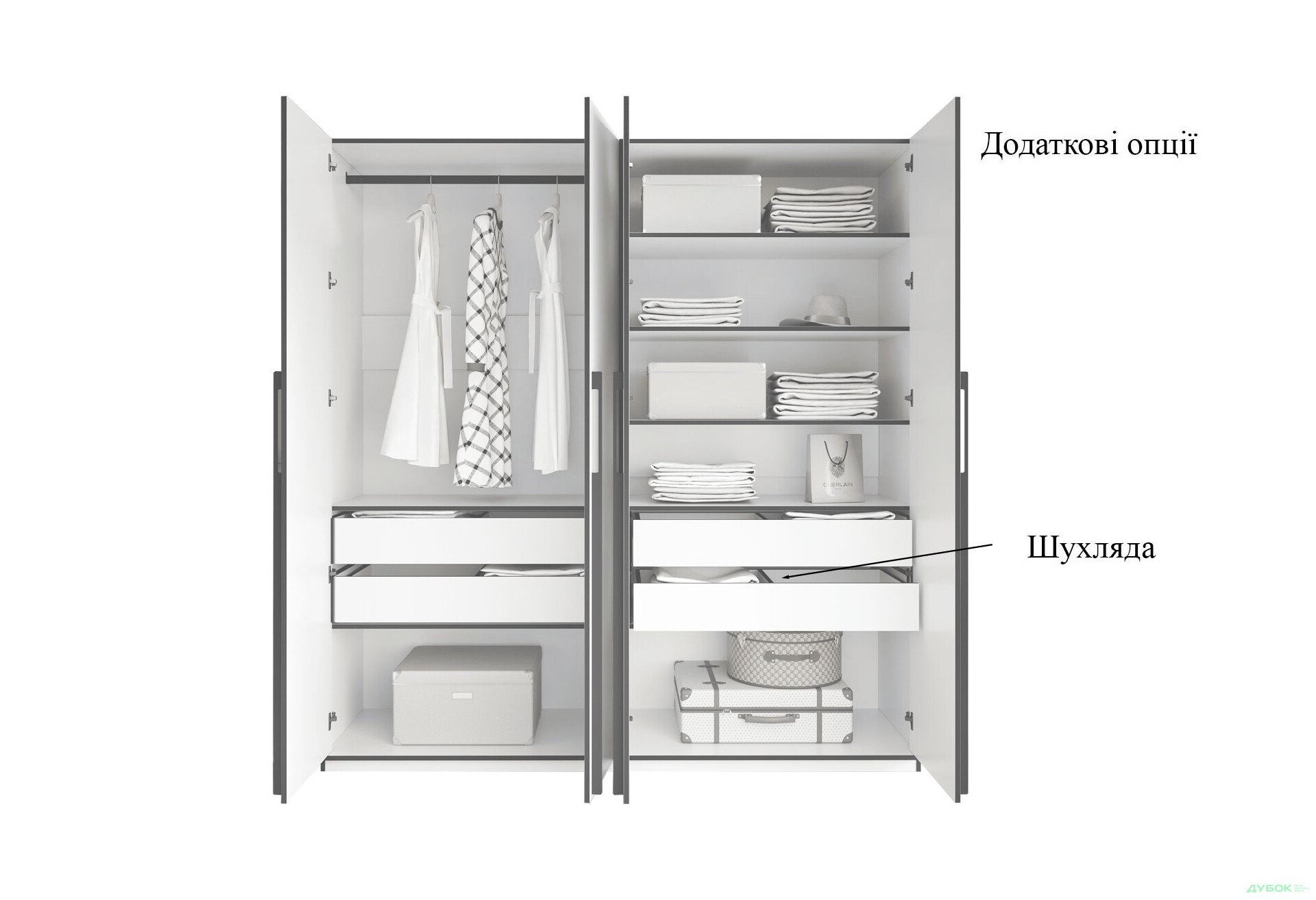Шафа Moreli Ramo / Рамо R-0019 4-дверна зі штангою зліва і полицями 196,8 см, венге - Зображення 5 Зображення 5 - Шафа Moreli Ramo / Рамо R-0019 4-дверна зі штангою зліва і полицями 196,8 см, венге