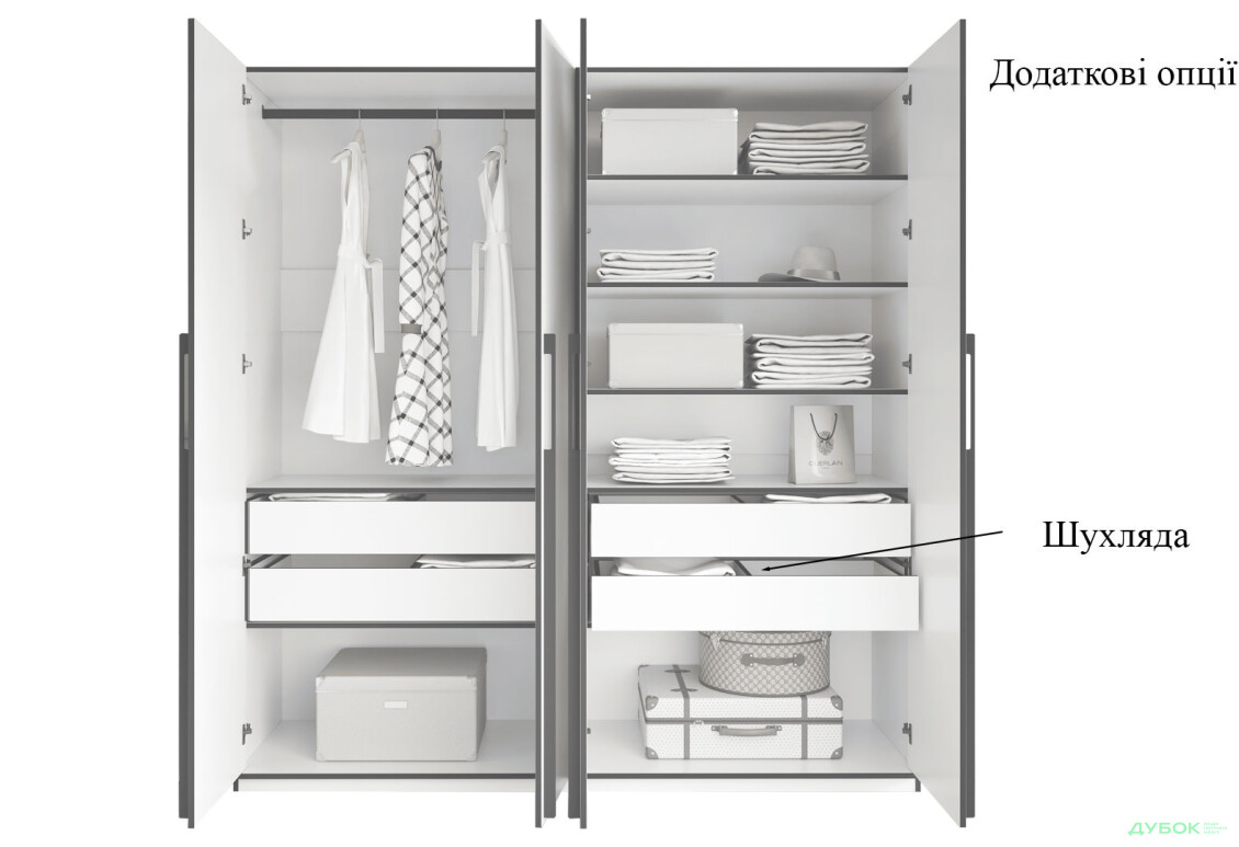 Шафа Moreli Ramo / Рамо R-0019 4-дверна зі штангою зліва і полицями 196,8 см, кашемір - Зображення 5 Зображення 5 - Шафа Moreli Ramo / Рамо R-0019 4-дверна зі штангою зліва і полицями 196,8 см, кашемір