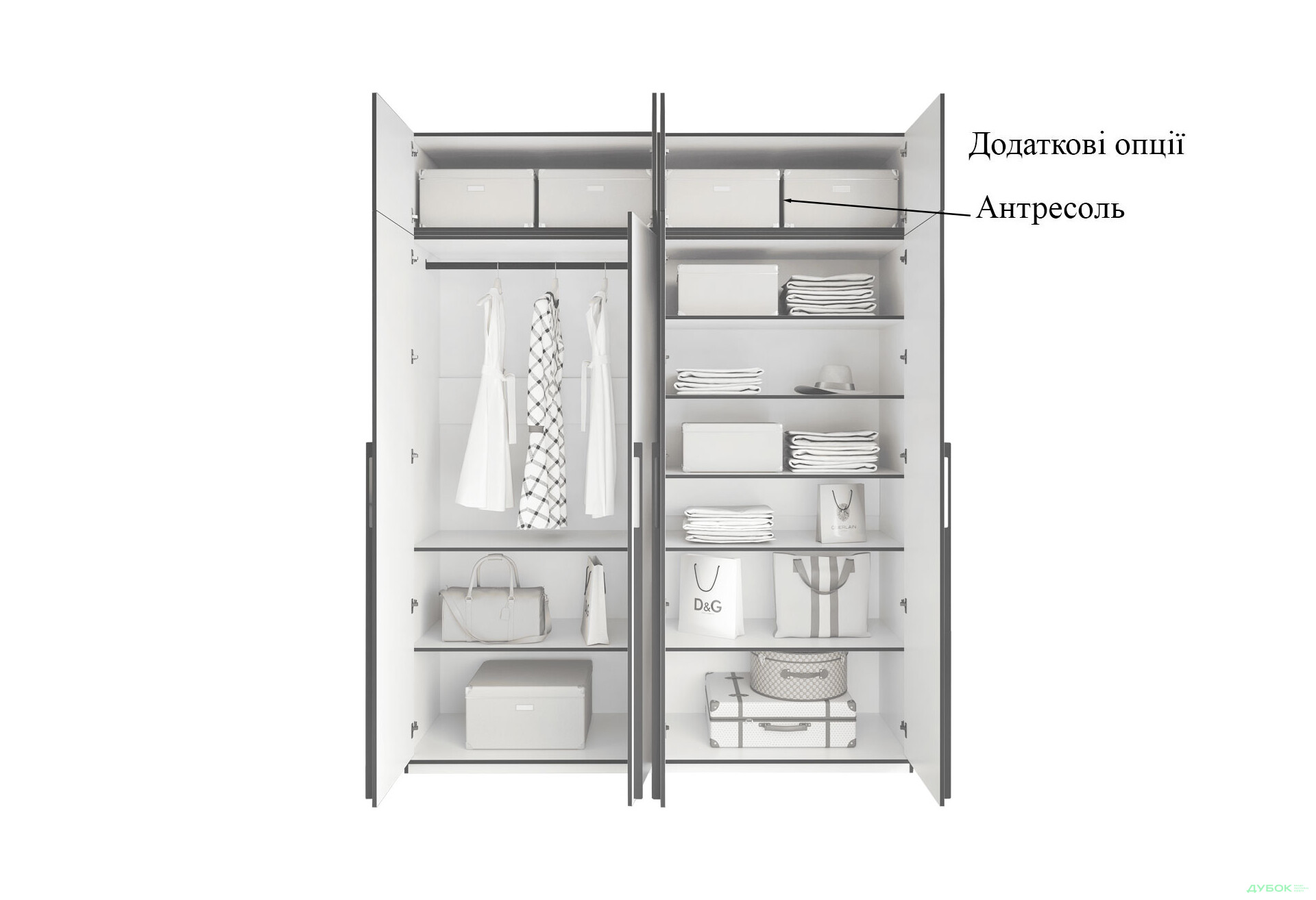 Шафа Moreli Ramo / Рамо R-0019 4-дверна зі штангою зліва і полицями 196,8 см, кашемір - Зображення 6 Зображення 6 - Шафа Moreli Ramo / Рамо R-0019 4-дверна зі штангою зліва і полицями 196,8 см, кашемір