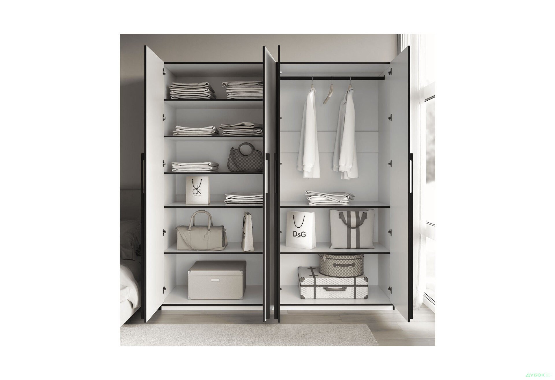 Шафа Moreli Ramo / Рамо R-0020 4-дверна зі штангою справа і полицями 196,8 см, біла - Зображення 3 Зображення 3 - Шафа Moreli Ramo / Рамо R-0020 4-дверна зі штангою справа і полицями 196,8 см, біла