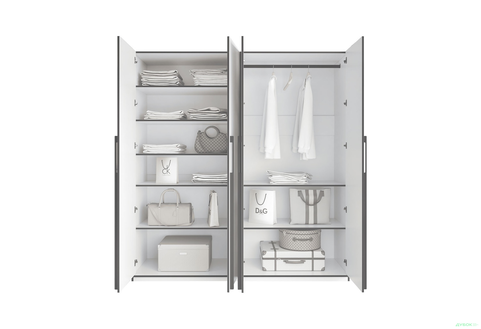 Шафа Moreli Ramo / Рамо R-0020 4-дверна зі штангою справа і полицями 196,8 см, дуб сонома - Зображення 4 Зображення 4 - Шафа Moreli Ramo / Рамо R-0020 4-дверна зі штангою справа і полицями 196,8 см, дуб сонома