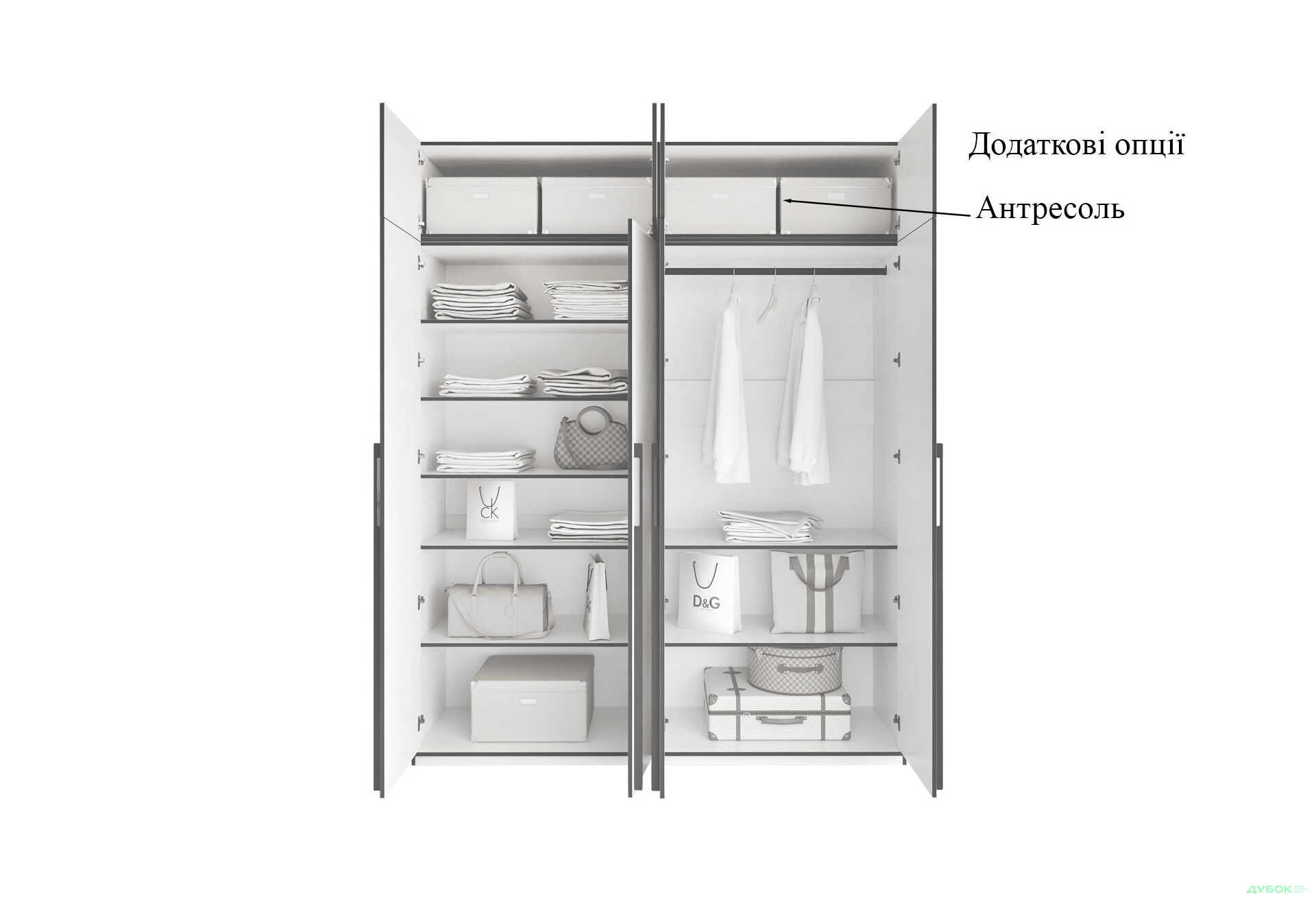 Шафа Moreli Ramo / Рамо R-0020 4-дверна зі штангою справа і полицями 196,8 см, зелений димчастий - Зображення 6 Зображення 6 - Шафа Moreli Ramo / Рамо R-0020 4-дверна зі штангою справа і полицями 196,8 см, зелений димчастий