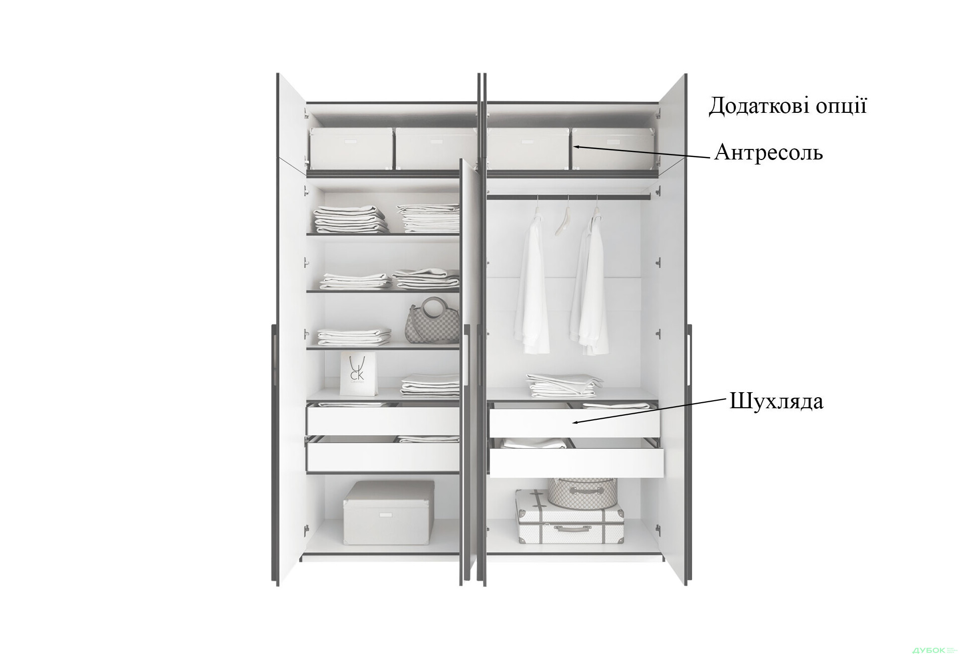 Шкаф Moreli Ramo / Рамо R-0020 4-дверный со штангой справа и полками 196,8 см, бетон тёмный - Изображение 7 Изображение 7 - Шкаф Moreli Ramo / Рамо R-0020 4-дверный со штангой справа и полками 196,8 см, бетон тёмный