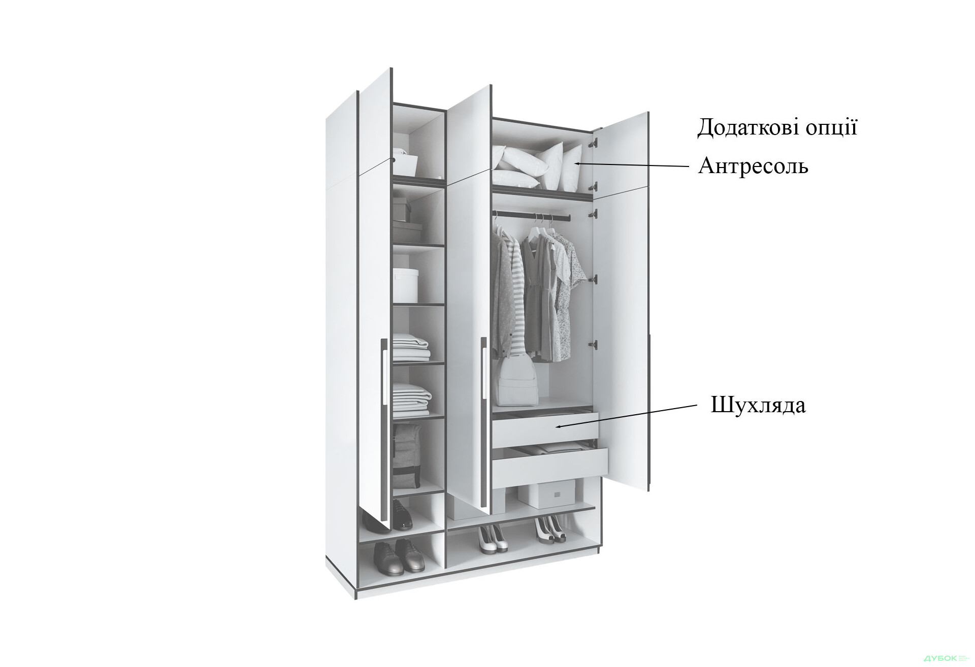 Шафа Moreli Ramo / Рамо R-0006 3-дверна зі штангою, полицями та антресоллю 148,4 см, кашемір - Зображення 5 Зображення 5 - Шафа Moreli Ramo / Рамо R-0006 3-дверна зі штангою, полицями та антресоллю 148,4 см, кашемір