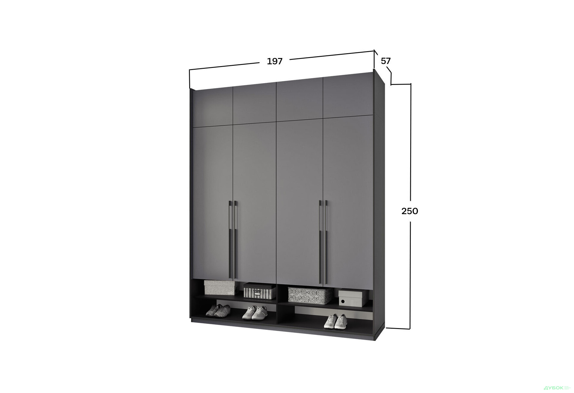 Шкаф Moreli Ramo / Рамо R-0007 4-дверный с полками и антресолью 196,8 см, антрацит - Изображение 3 Изображение 3 - Шкаф Moreli Ramo / Рамо R-0007 4-дверный с полками и антресолью 196,8 см, антрацит
