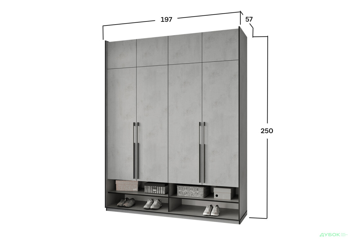 Шкаф Moreli Ramo / Рамо R-0007 4-дверный с полками и антресолью 196,8 см, бетон тефра - Изображение 3 Изображение 3 - Шкаф Moreli Ramo / Рамо R-0007 4-дверный с полками и антресолью 196,8 см, бетон тефра