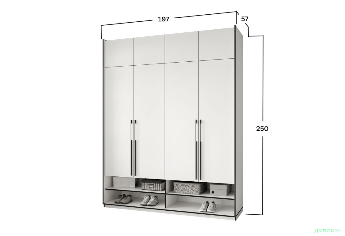 Шафа Moreli Ramo / Рамо R-0008 4-дверна зі штангами, полицями та антресоллю 196,8 см, біла - Зображення 4 Зображення 4 - Шафа Moreli Ramo / Рамо R-0008 4-дверна зі штангами, полицями та антресоллю 196,8 см, біла