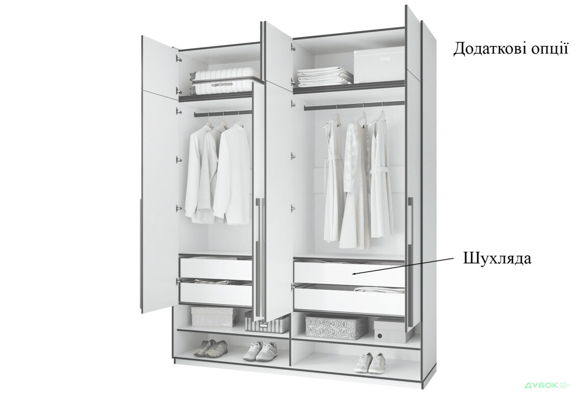 Шафа Moreli Ramo / Рамо R-0008 4-дверна зі штангами, полицями та антресоллю 196,8 см, бетон - Зображення 5 Зображення 5 - Шафа Moreli Ramo / Рамо R-0008 4-дверна зі штангами, полицями та антресоллю 196,8 см, бетон