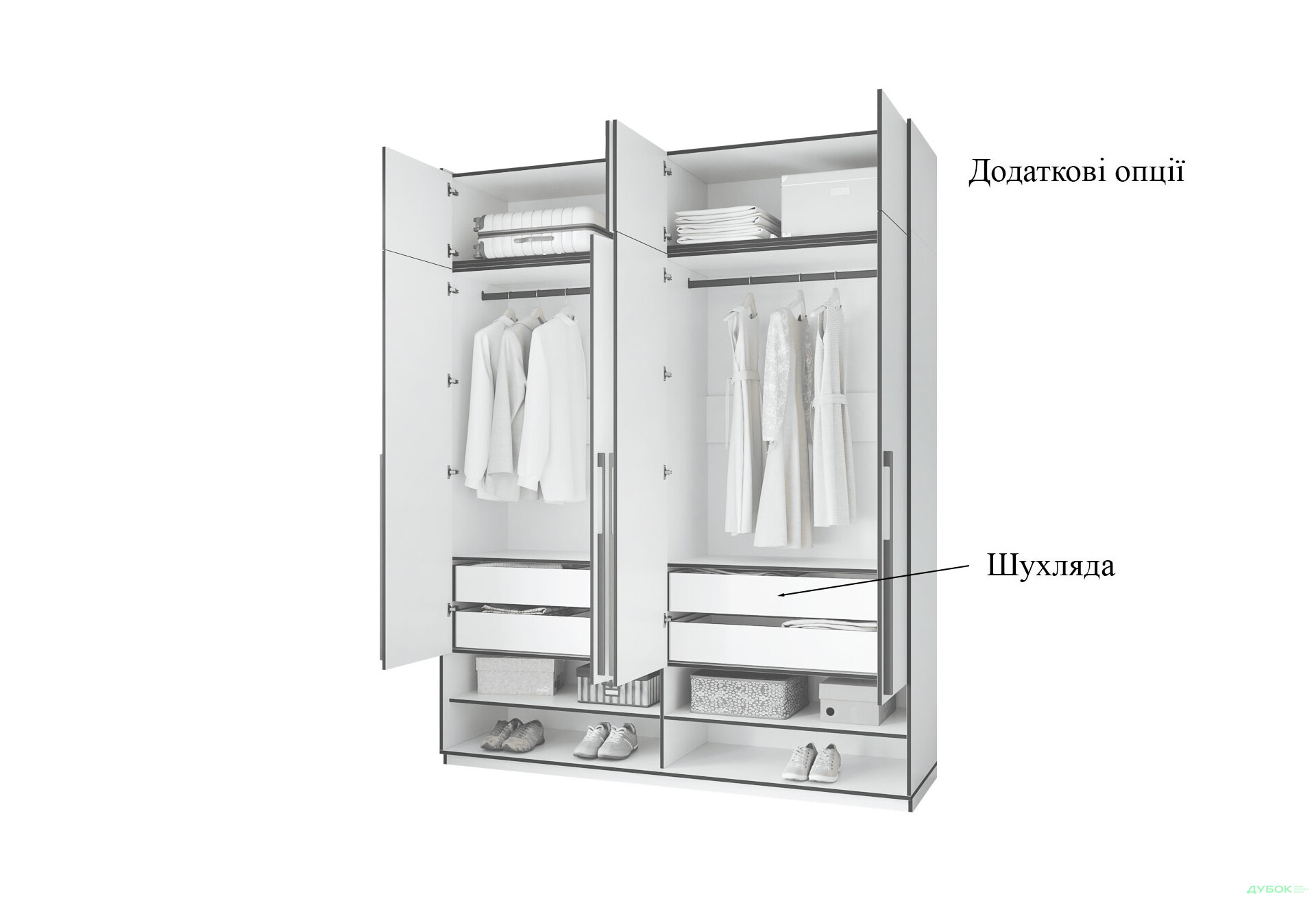 Шафа Moreli Ramo / Рамо R-0008 4-дверна зі штангами, полицями та антресоллю 196,8 см, бетон тефра - Зображення 5 Зображення 5 - Шафа Moreli Ramo / Рамо R-0008 4-дверна зі штангами, полицями та антресоллю 196,8 см, бетон тефра