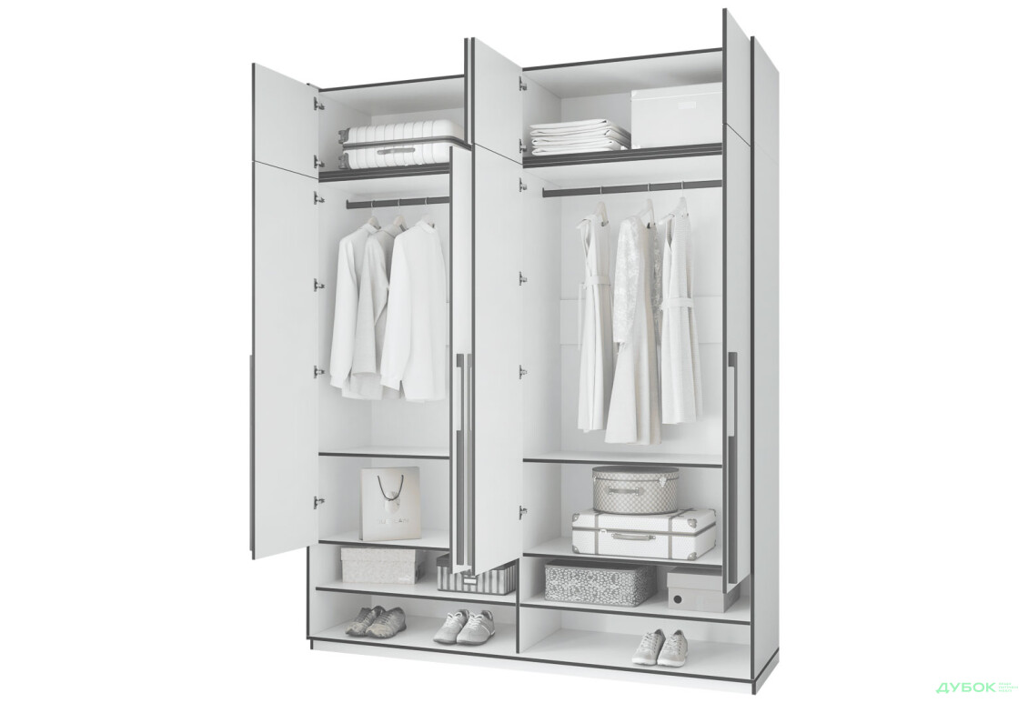 Шафа Moreli Ramo / Рамо R-0008 4-дверна зі штангами, полицями та антресоллю 196,8 см, бетон тефра - Зображення 4 Зображення 4 - Шафа Moreli Ramo / Рамо R-0008 4-дверна зі штангами, полицями та антресоллю 196,8 см, бетон тефра