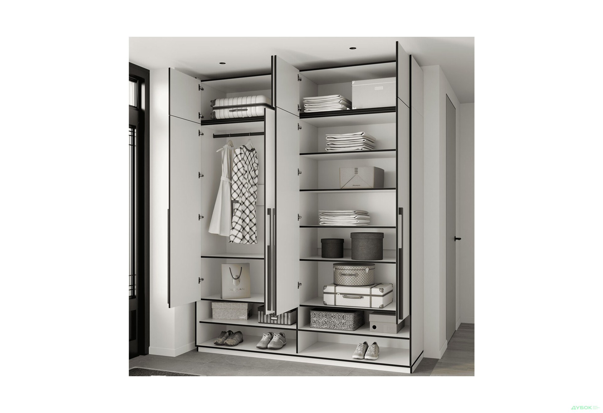 Шкаф Moreli Ramo / Рамо R-0009 4-дверный со штангой слева, полками и антресолью 196,8 см, белый - Изображение 3 Изображение 3 - Шкаф Moreli Ramo / Рамо R-0009 4-дверный со штангой слева, полками и антресолью 196,8 см, белый