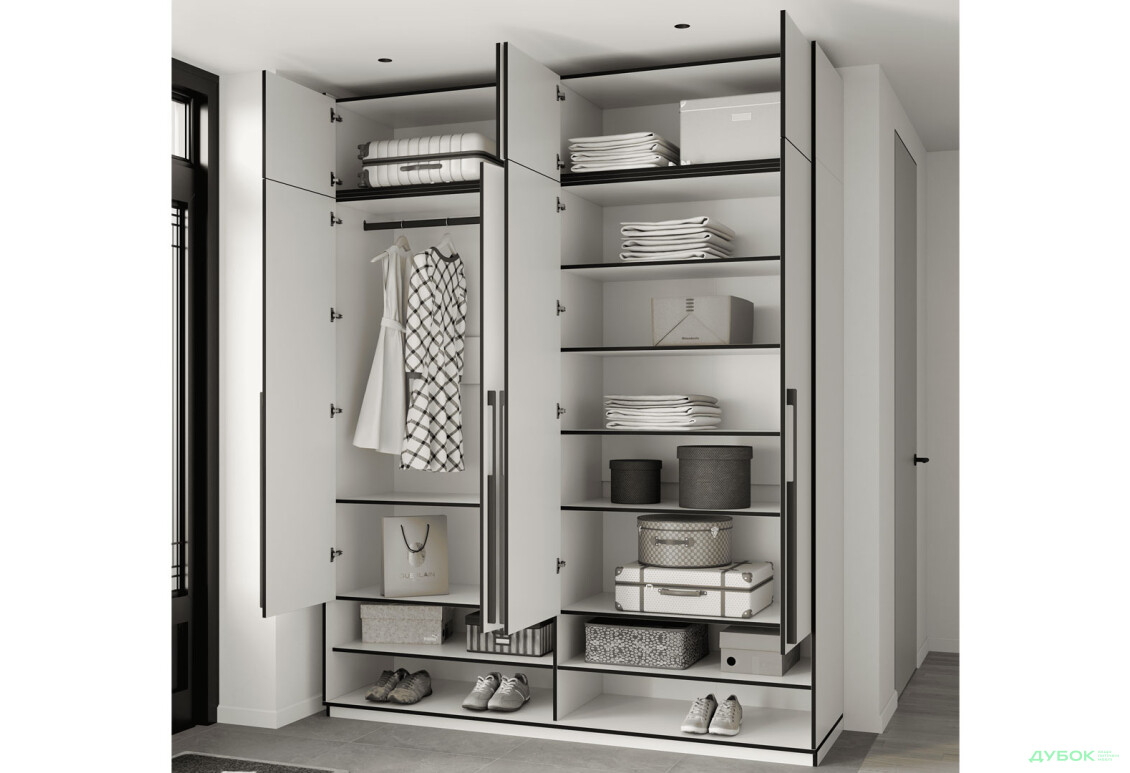 Шкаф Moreli Ramo / Рамо R-0009 4-дверный со штангой слева, полками и антресолью 196,8 см, белый - Изображение 3 Изображение 3 - Шкаф Moreli Ramo / Рамо R-0009 4-дверный со штангой слева, полками и антресолью 196,8 см, белый