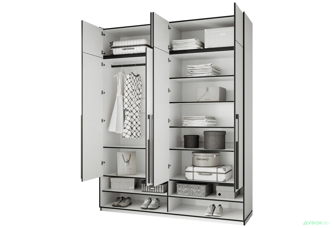 Шкаф Moreli Ramo / Рамо R-0009 4-дверный со штангой слева, полками и антресолью 196,8 см, белый - Изображение 5 Изображение 5 - Шкаф Moreli Ramo / Рамо R-0009 4-дверный со штангой слева, полками и антресолью 196,8 см, белый