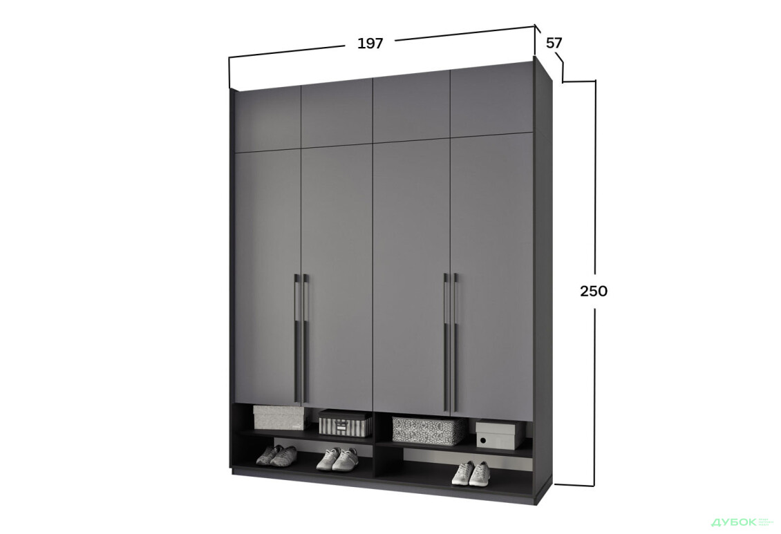 Шафа Moreli Ramo / Рамо R-0009 4-дверна зі штангою зліва, полицями та антресоллю 196,8 см, антрацит - Зображення 3 Зображення 3 - Шафа Moreli Ramo / Рамо R-0009 4-дверна зі штангою зліва, полицями та антресоллю 196,8 см, антрацит