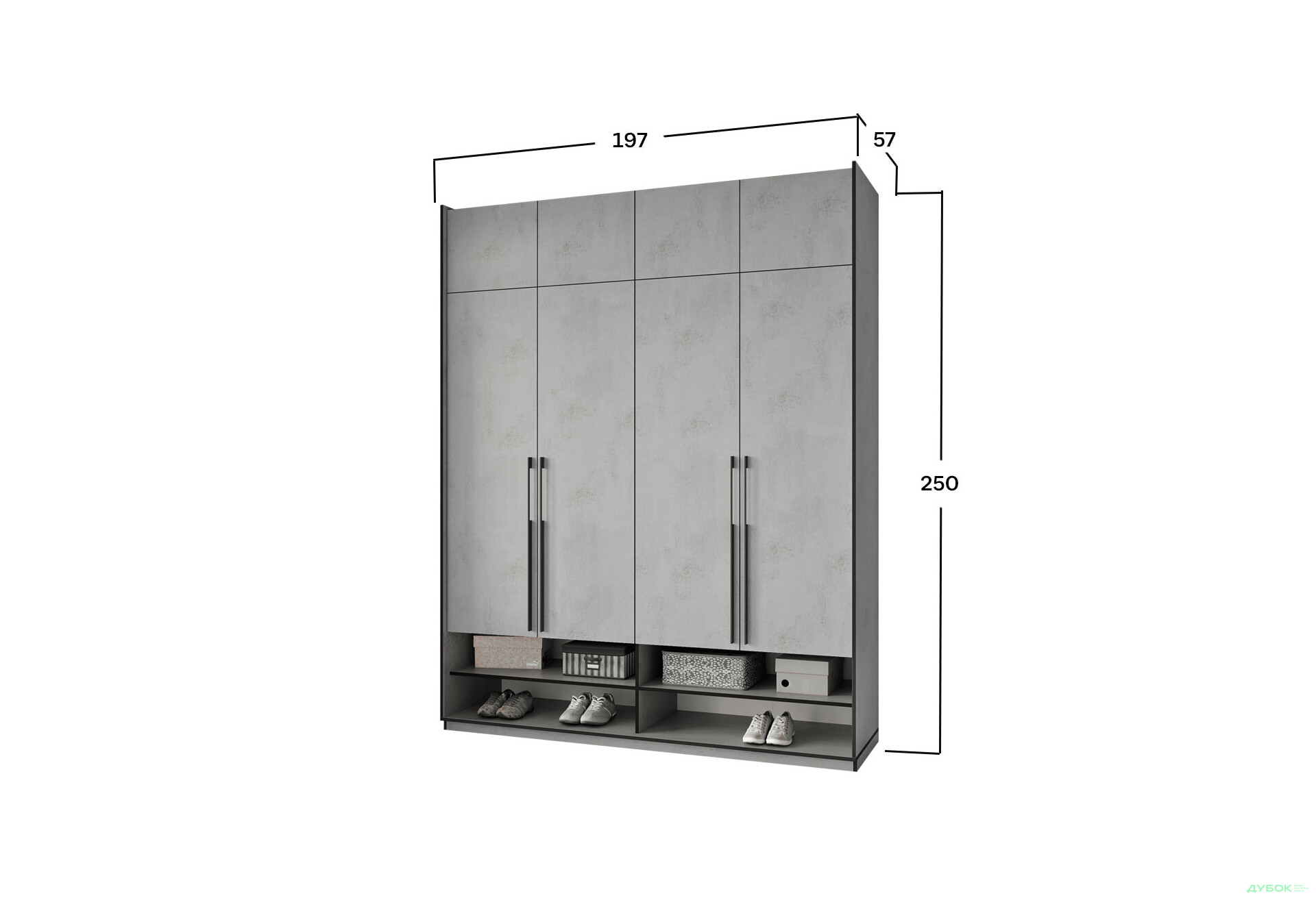 Шафа Moreli Ramo / Рамо R-0009 4-дверна зі штангою зліва, полицями та антресоллю 196,8 см, бетон тефра - Зображення 3 Зображення 3 - Шафа Moreli Ramo / Рамо R-0009 4-дверна зі штангою зліва, полицями та антресоллю 196,8 см, бетон тефра