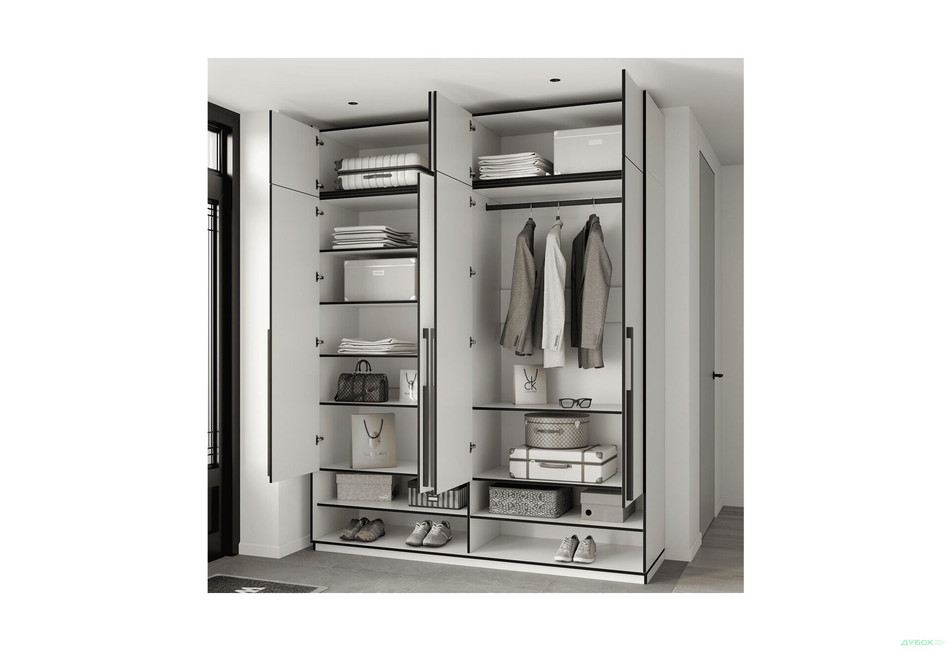 Шкаф Moreli Ramo / Рамо R-0010 4-дверный со штангой справа, полками и антресолью 196,8 см, белый - Изображение 3 Изображение 3 - Шкаф Moreli Ramo / Рамо R-0010 4-дверный со штангой справа, полками и антресолью 196,8 см, белый