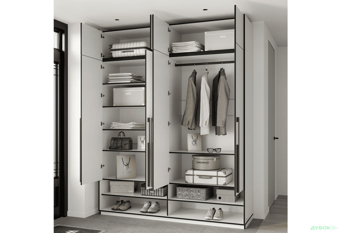 Шкаф Moreli Ramo / Рамо R-0010 4-дверный со штангой справа, полками и антресолью 196,8 см, белый - Изображение 3 Изображение 3 - Шкаф Moreli Ramo / Рамо R-0010 4-дверный со штангой справа, полками и антресолью 196,8 см, белый