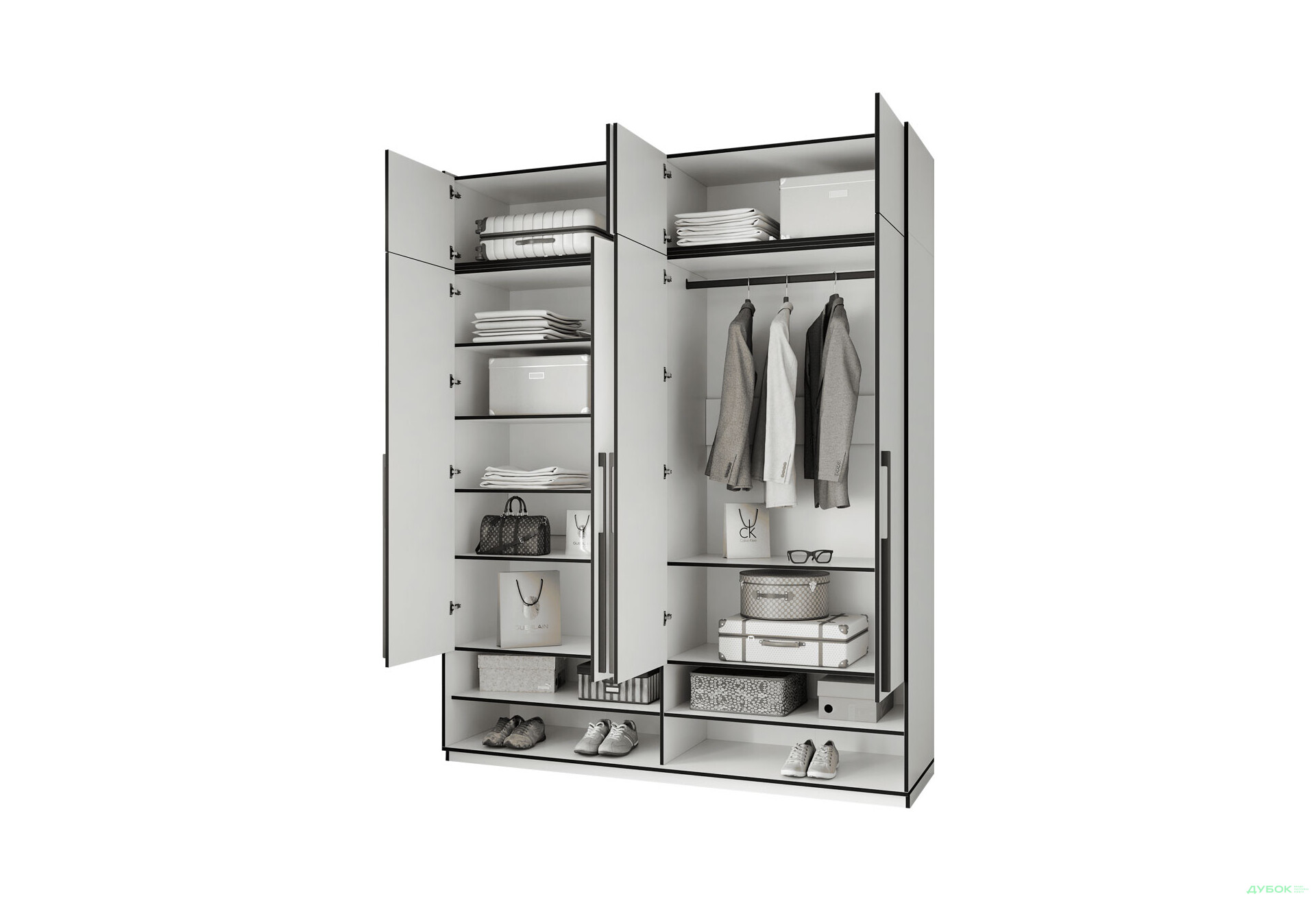 Шкаф Moreli Ramo / Рамо R-0010 4-дверный со штангой справа, полками и антресолью 196,8 см, белый - Изображение 5 Изображение 5 - Шкаф Moreli Ramo / Рамо R-0010 4-дверный со штангой справа, полками и антресолью 196,8 см, белый