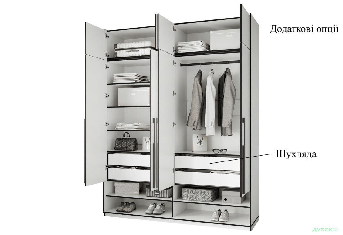 Шкаф Moreli Ramo / Рамо R-0010 4-дверный со штангой справа, полками и антресолью 196,8 см, белый - Изображение 6 Изображение 6 - Шкаф Moreli Ramo / Рамо R-0010 4-дверный со штангой справа, полками и антресолью 196,8 см, белый