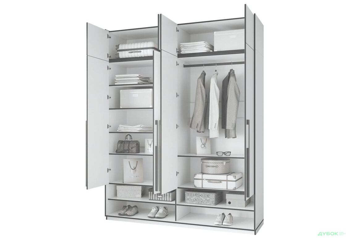 Шафа Moreli Ramo / Рамо R-0010 4-дверна зі штангою справа, полицями та антресоллю 196,8 см, антрацит - Зображення 4 Зображення 4 - Шафа Moreli Ramo / Рамо R-0010 4-дверна зі штангою справа, полицями та антресоллю 196,8 см, антрацит