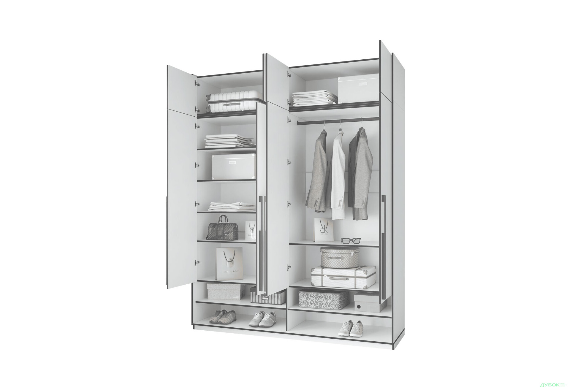 Шкаф Moreli Ramo / Рамо R-0010 4-дверный со штангой справа, полками и антресолью 196,8 см, дуб сонома - Изображение 4 Изображение 4 - Шкаф Moreli Ramo / Рамо R-0010 4-дверный со штангой справа, полками и антресолью 196,8 см, дуб сонома