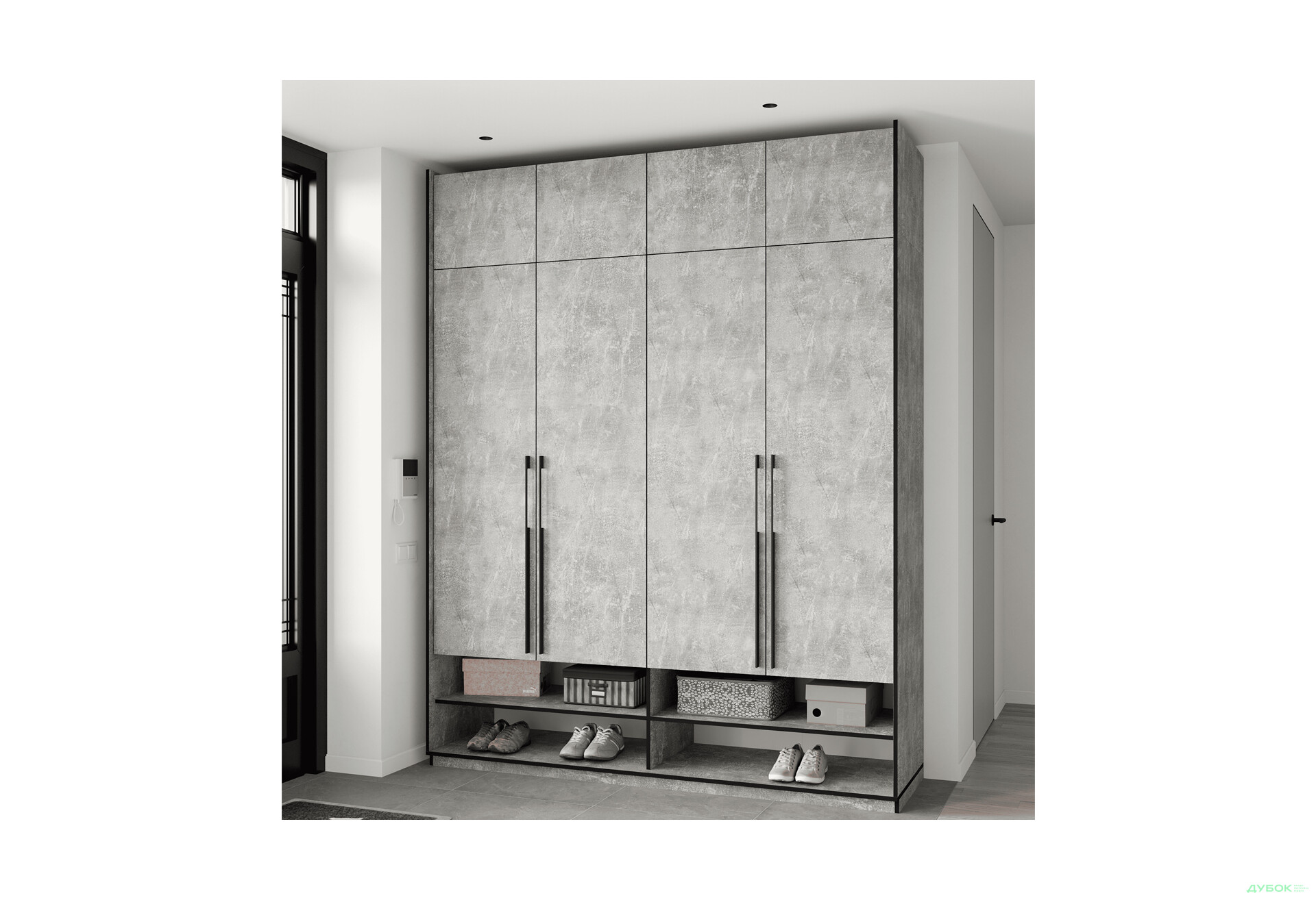 Шафа Moreli Ramo / Рамо R-0010 4-дверна зі штангою справа, полицями та антресоллю 196,8 см, бетон - Зображення 2 Зображення 2 - Шафа Moreli Ramo / Рамо R-0010 4-дверна зі штангою справа, полицями та антресоллю 196,8 см, бетон